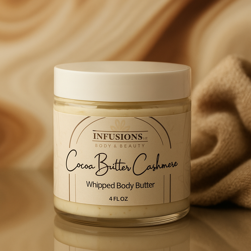 Jar of Infusions Cocoa Butter Cashmere Whipped Body Butter on a beige background