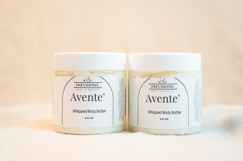Two jars of Aventé whipped body butter on a light background