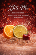 Fruit-themed product packaging with oranges, lime, cherry, and ice cubes on a red background.