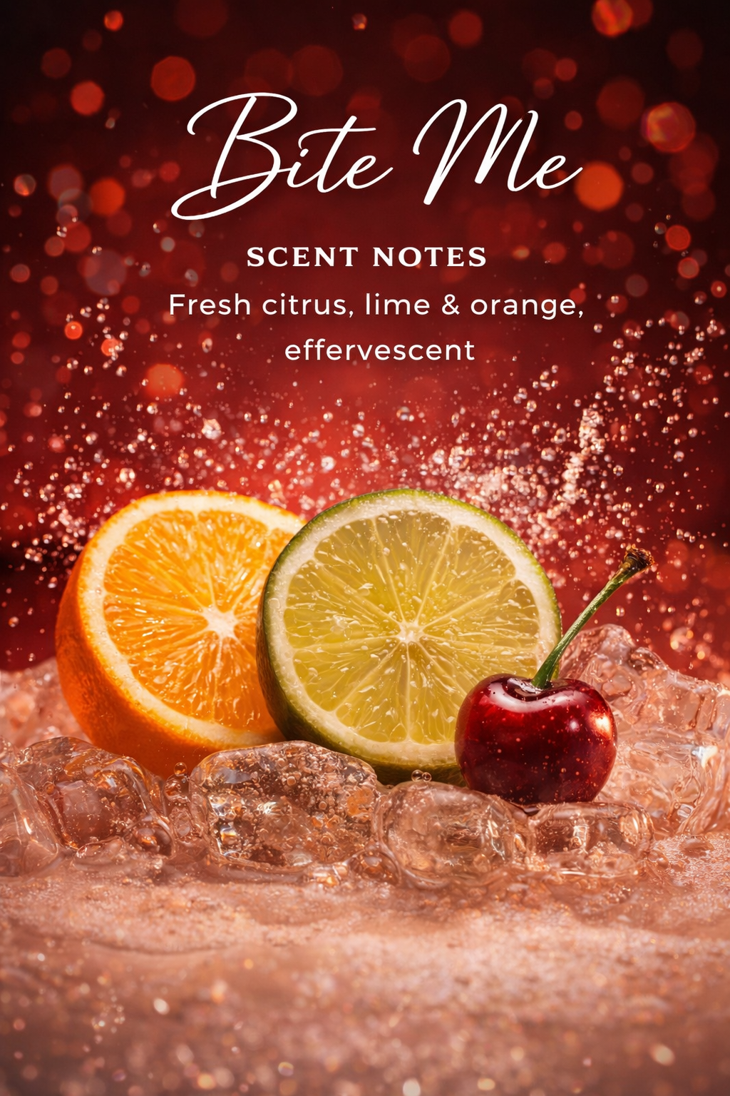 Fruit-themed product packaging with oranges, lime, cherry, and ice cubes on a red background.