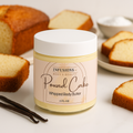 Jar of Pound Cake Whipped Body Butter with pound cake slices and vanilla beans in the background