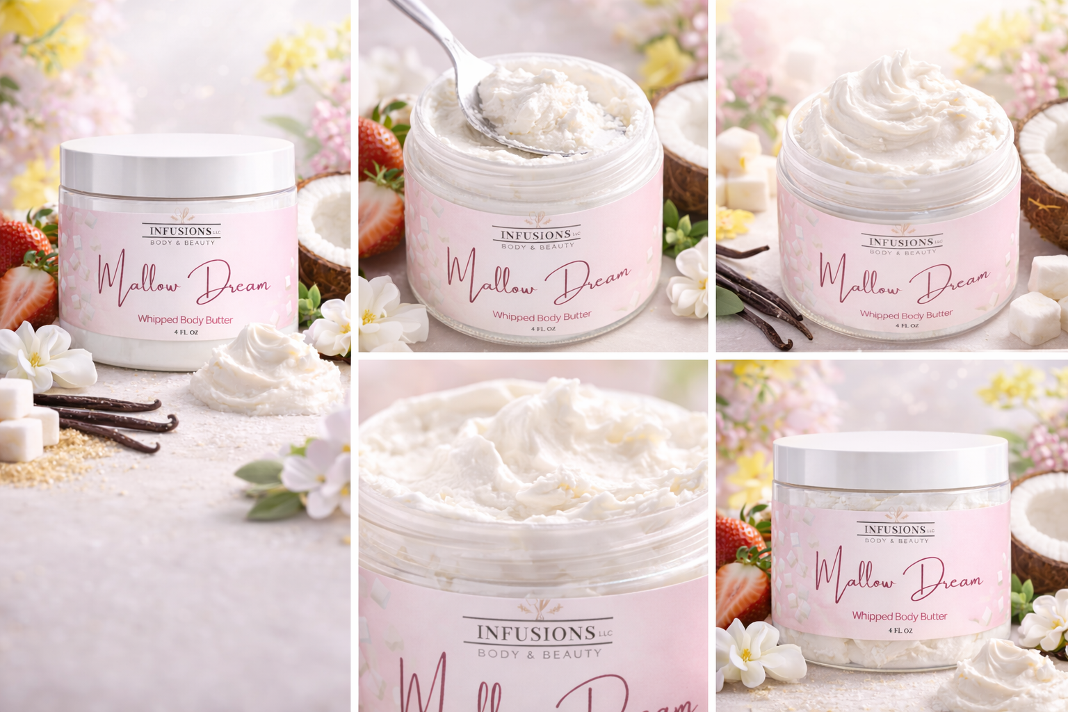 Collage of Infusions Mellow Dream whipped body butter with vanilla beans, strawberries, and flowers.