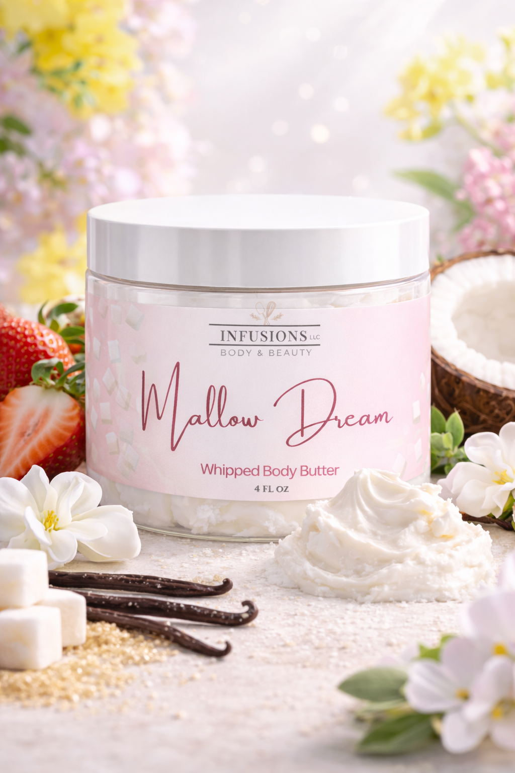 Jar of 'Mallow Dream' whipped body butter with vanilla beans, flowers, and strawberries on a light background.