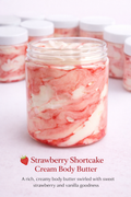 Jar of strawberry shortcake cream body butter with marbled design on a white background