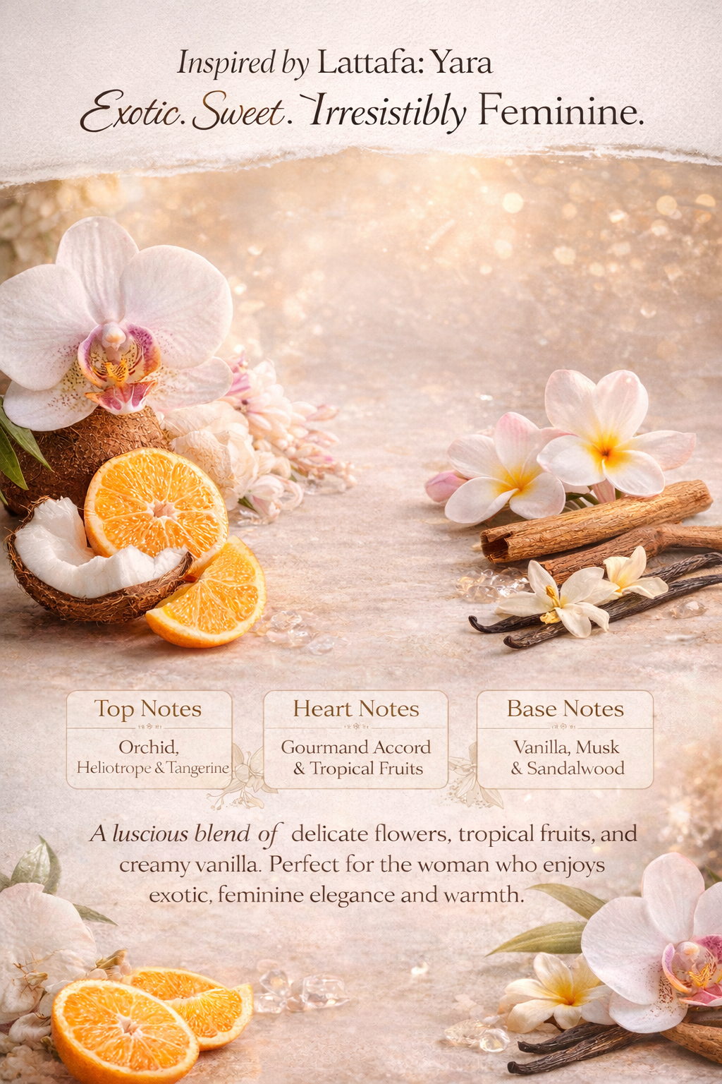 Inspired by Yara. Scentsy product packaging with flowers, oranges, and vanilla beans on a light background. Also describes scent notes. The top notes are orchid, heliotrope, and tangerine. The heart notes are described as gourmand accord, and tropical fruits, the base notes are vanilla musk, and sandalwood