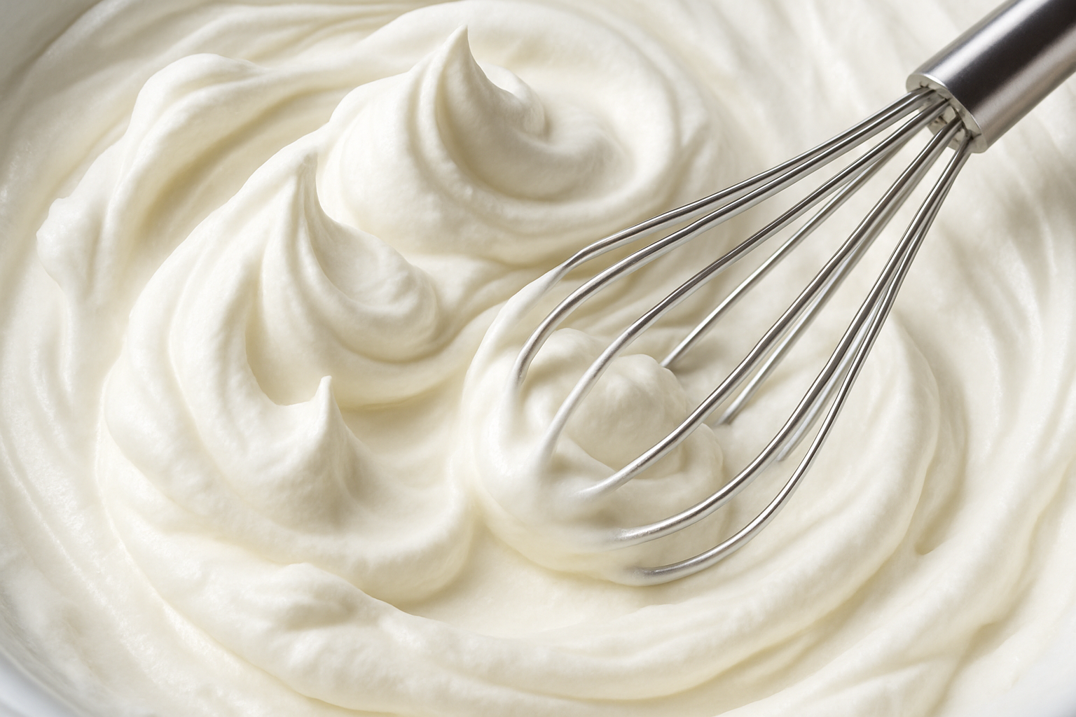 Creamy whipped thick cream with a whisk inside